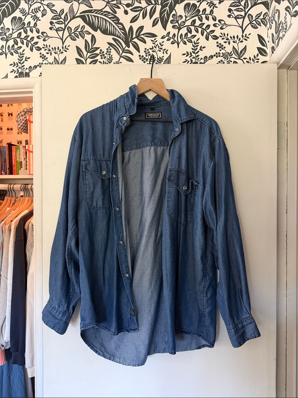 Versace Denim Button-Front Shirt in Washed Blue
